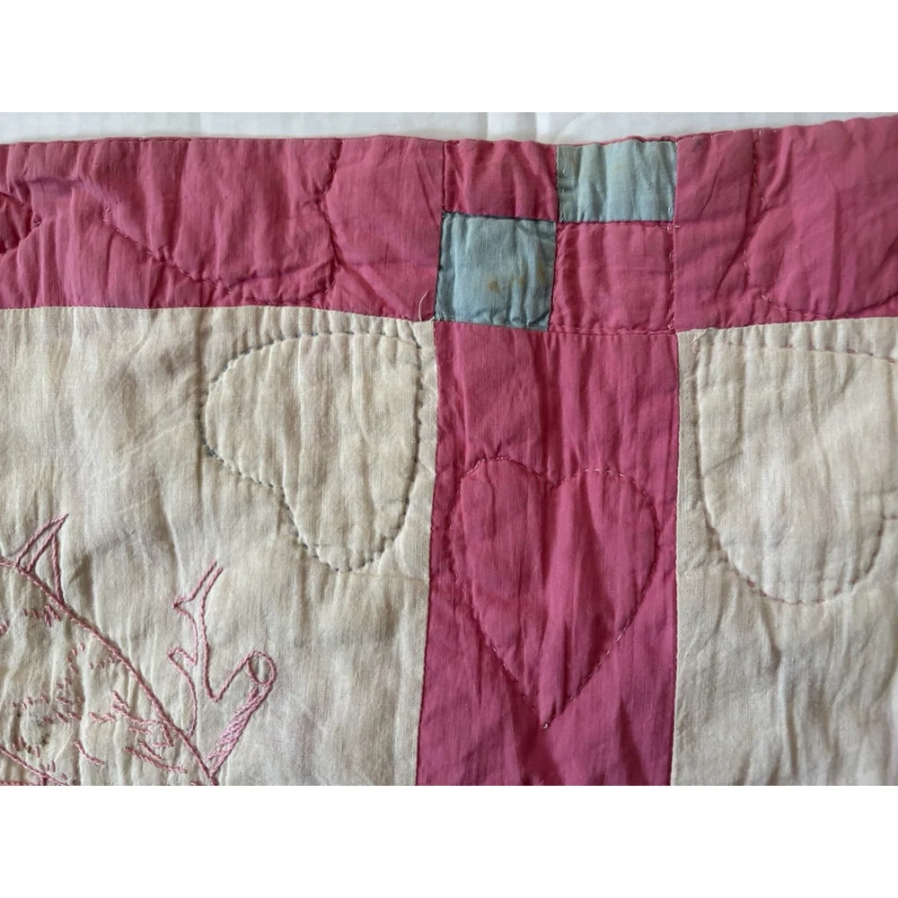 Vintage Baby Quilt Bunny Birds Owl Farmhouse Embroidered Hand Stitched Hearts
